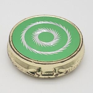 Vintage Green Enamel Pill Box Gold Tone 3 Compartment Round Trinket Case